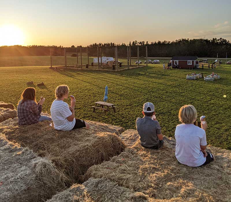 Family and friends enjoying a group visit at the farm